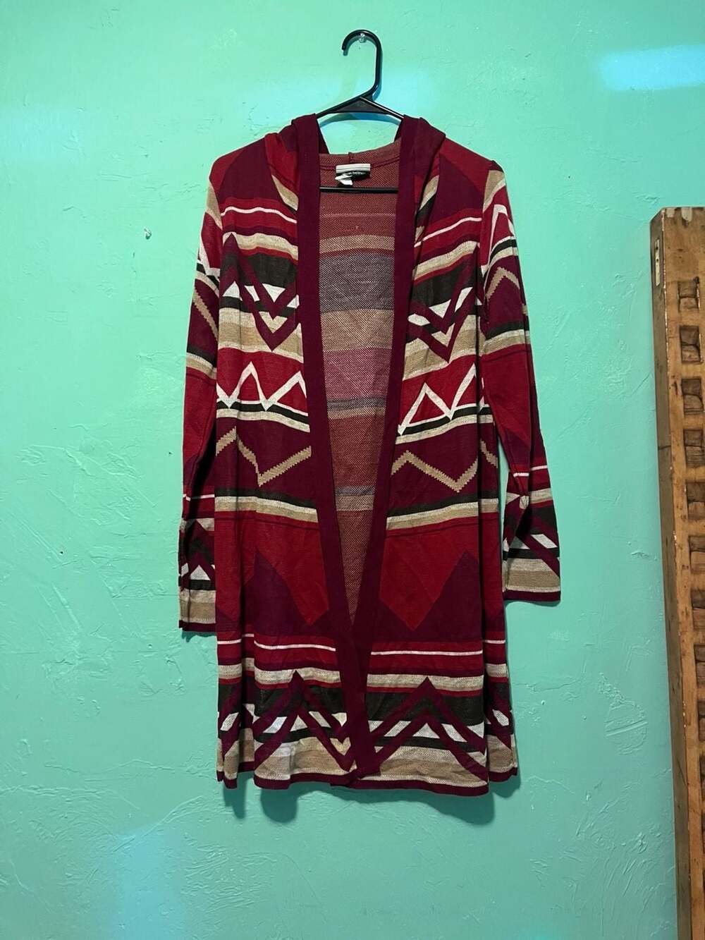 Allison Brittney Southwestern Aztec Open Front Long Cardigan Sweater Hood S